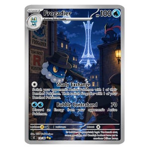 May include: A Frogadier trading card featuring a blue frog-like character in a fedora and trench coat holding a crate of bubbles. The background shows a night city scene with a tall tower, a Team Rocket recruiting poster, and text including Shady Exchange and Bubble Contraband 70.