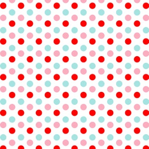 Pode incluir: Um padr&atilde;o sem costura de bolinhas vermelhas, cor-de-rosa e azul claro sobre um fundo branco.