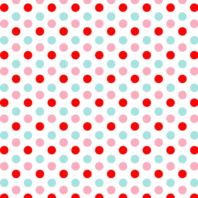 Pode incluir: Um padr&atilde;o sem costura de bolinhas vermelhas, cor-de-rosa e azul claro sobre um fundo branco.