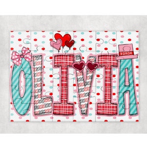 Pode incluir: Um quebra-cabe&ccedil;a personalizado com o nome "OLIVIA" em letras grandes e coloridas. As letras s&atilde;o decoradas com um padr&atilde;o xadrez, listras e bolinhas. H&aacute; cora&ccedil;&otilde;es vermelhos e um chap&eacute;u com o texto "XOXO" no topo.