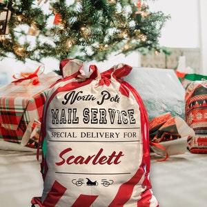 Candy Stripes Santa Sacks/Gift Bags - Personalized Santa Gift Bag, Canvas Christmas Toy Bag for Gifts, Boy or Girl.