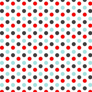Pode incluir: Um padr&atilde;o sem costura de bolinhas pretas, vermelhas e azul claro sobre um fundo branco.