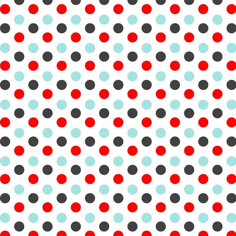 Pode incluir: Um padr&atilde;o sem costura de bolinhas pretas, vermelhas e azul claro sobre um fundo branco.