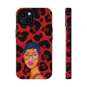 May include: A red phone case with a black leopard print pattern. The case features a portrait of a woman with blue hair, purple glasses, and pink lipstick. The side of the case also has a leopard print.