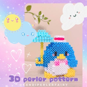May include: A blue and white penguin holding a light blue umbrella with a white hat. The penguin is made of perler beads and is a 3D design. The image includes the text "3D perler pattern @KANDIPERLERFAIRY".