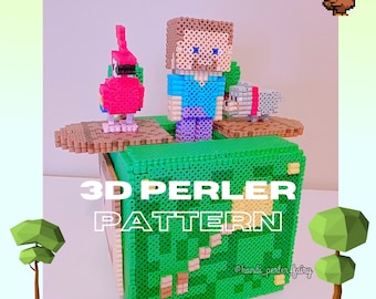 May include: A 3D perler bead pattern for a Minecraft character, a parrot, and a wolf. The pattern is on a green background with the text "3D Perler Pattern" and the social media handle "@kandiperlerfairy".
