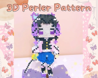 May include: A 3D perler bead pattern of a character with purple and black hair, a pink and white jacket, blue pants, and a sword. The character is standing on a purple base. The image includes the text "3D Perler Pattern" and "@kandiperlerfairy".