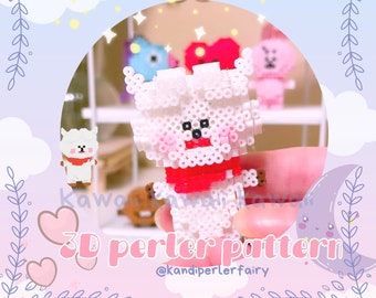 Może przedstawiać: Biały wzór 3D z koralików perler przedstawiający postać z kreskówki z czerwonym szalikiem. Wzór jest oznaczony jako "3D perler pattern" i "@kandiperlerfairy".