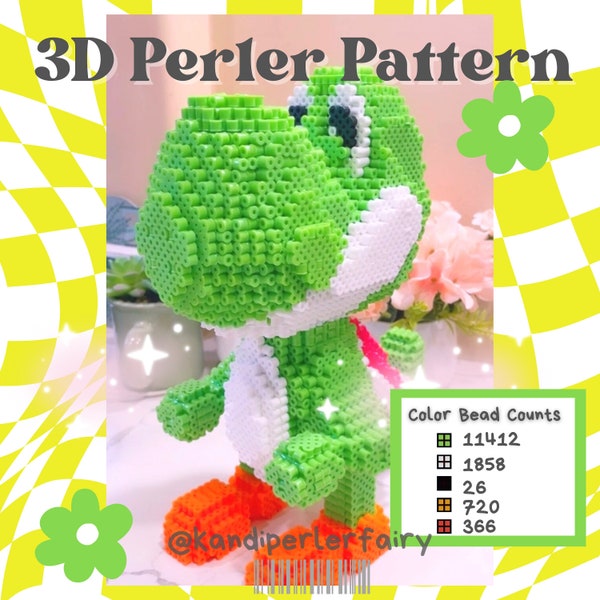 Téléchargement instantané!! Modèle de perles Perler 3D pour construire ce dinosaure vert MIGNON, modèle 3dperler uniquement