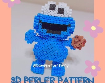 Download immediato!! Schema perline Perler 3D per il simpatico personaggio Blue Monster che mangia biscotti