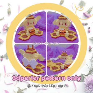 May include: A 3D perler bead pattern for a yellow and brown character with a white bow. The pattern is displayed on a purple background with the text "3dperler pattern only" and "@KANDIPERLERFAIRY".
