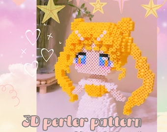 May include: A 3D perler bead pattern of a cartoon character with yellow hair in pigtails, a white dress, and a yellow bodice. The pattern is on a pink and white background with stars and hearts. The text "3D perler pattern" and "@KANDIPERLERFAIRY" is at the bottom of the image.
