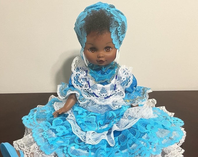 Blue Yemaya Orisha Yoruba Santeria Spiritual Black Doll. Yemaya Holy Altar Doll Iyawo Santeria. New. 40 cm.