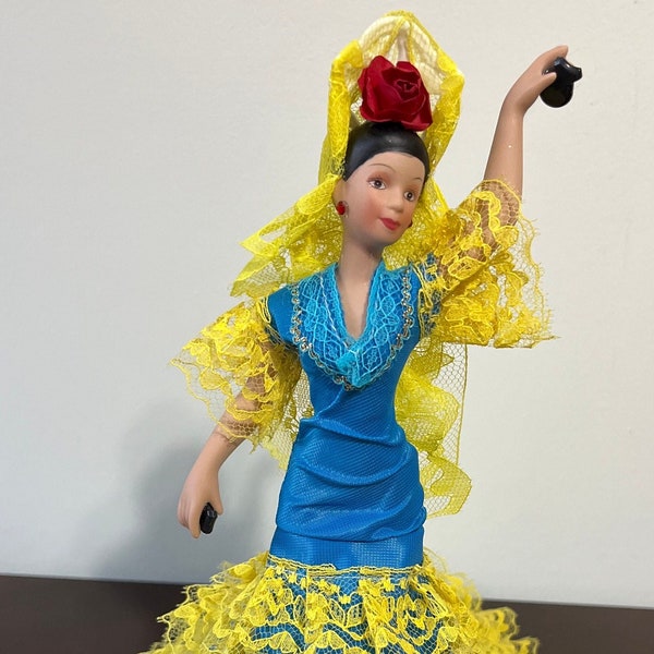 Gypsy Porcelain Doll. Flamenco Dancer Doll. Gift, Decoration, Collection Doll. Handmade Vintage Dress. Gypsy Dress. Blue Dress.  11 inch