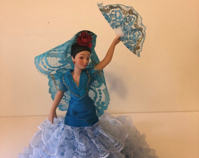 LAST UNITS. Gypsy Porcelain Doll. Flamenco Dancer Doll. Gift, Decoration, Collection Doll. Handmade Vintage Dress. Blue Dress.  11 inch