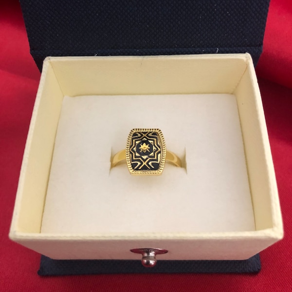 Rectangular Arabic Damascene 24K Gold Ring. Style Vintage Damascene. Gold Toledo Damascene. Spain Damascene Jewelry. New. Luxury Jewelry