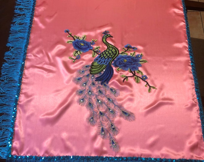 Coral and Aqua Blue Peacock Oshun Orisha Tureen Altar Santo Handkerchief. Santeria. Yoruba religion. Peacock Tapestry