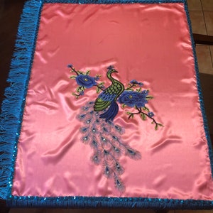Coral and Aqua Blue Peacock Oshun Orisha Tureen Altar Santo Handkerchief. Santeria. Yoruba religion. Peacock Tapestry