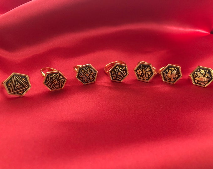 Hexagonal Adjustable Damascene 24K Gold Ring. Damascene Vintage Style Toledo Spain. New. Luxury Jewelry.