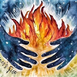 May include: A watercolor painting of two hands cupping a large fire. The hands are painted with a dark blue color and have white stars on them. The fire is a bright orange and yellow color. The background is a dark blue with white stars. The text "Refiner's Fire" is written in black cursive at the bottom of the image.