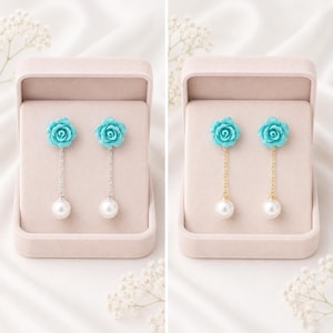 Blue Rose Freshwater Pearl Earrings, Sterling Silver or Gold Chain Dangle