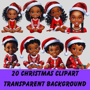 20 schwarze Jungen und Mädchen Weihnachten Clipart, PNG transparenten Hintergrund, Kartenherstellung, Sublimation, DTF-Druck.