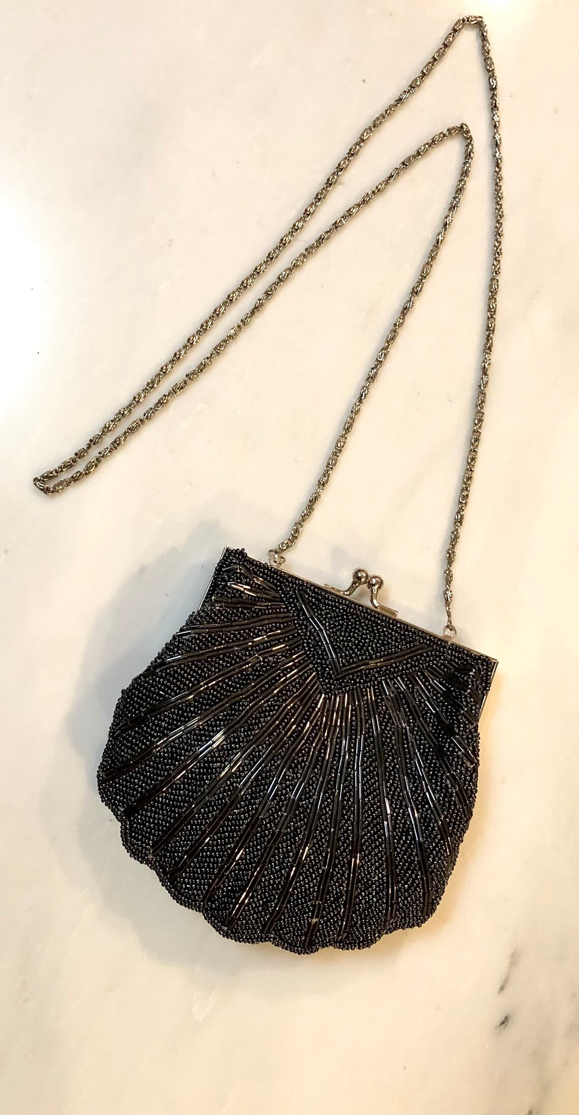 Black and Silver Vintage Beaded Clam Shell Clutch PurseArt | Etsy
