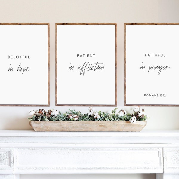 Set Of 3 Signs,Be Joyful In Hope,Bible Verse,Frame Sign,Above Bed Sign,Inspirational Sign,Typography Quote,Wood Frame Sign,Wall Art Decor,