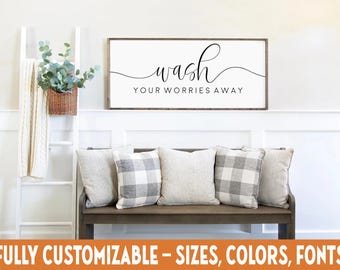 Wash Your Worries Away Sign – Modern Farmhouse Bathroom Art