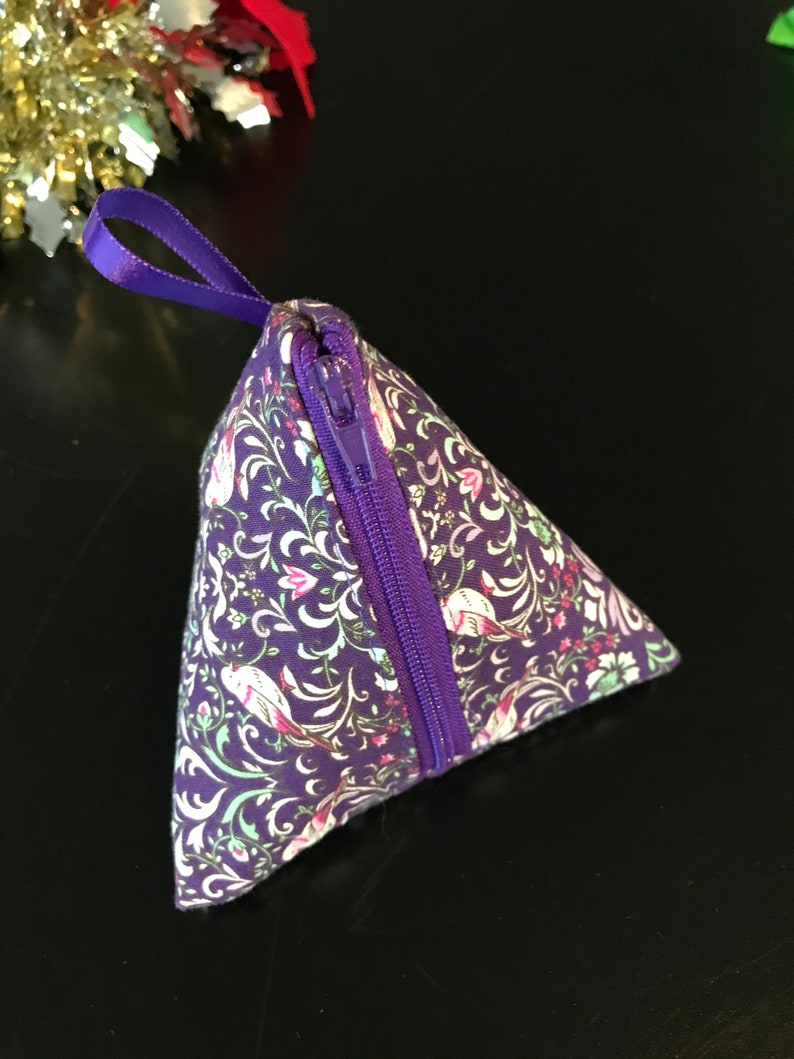 Triangle pyramid zipper pouch for coins earphones chargers etc; no raw edges exposed inside