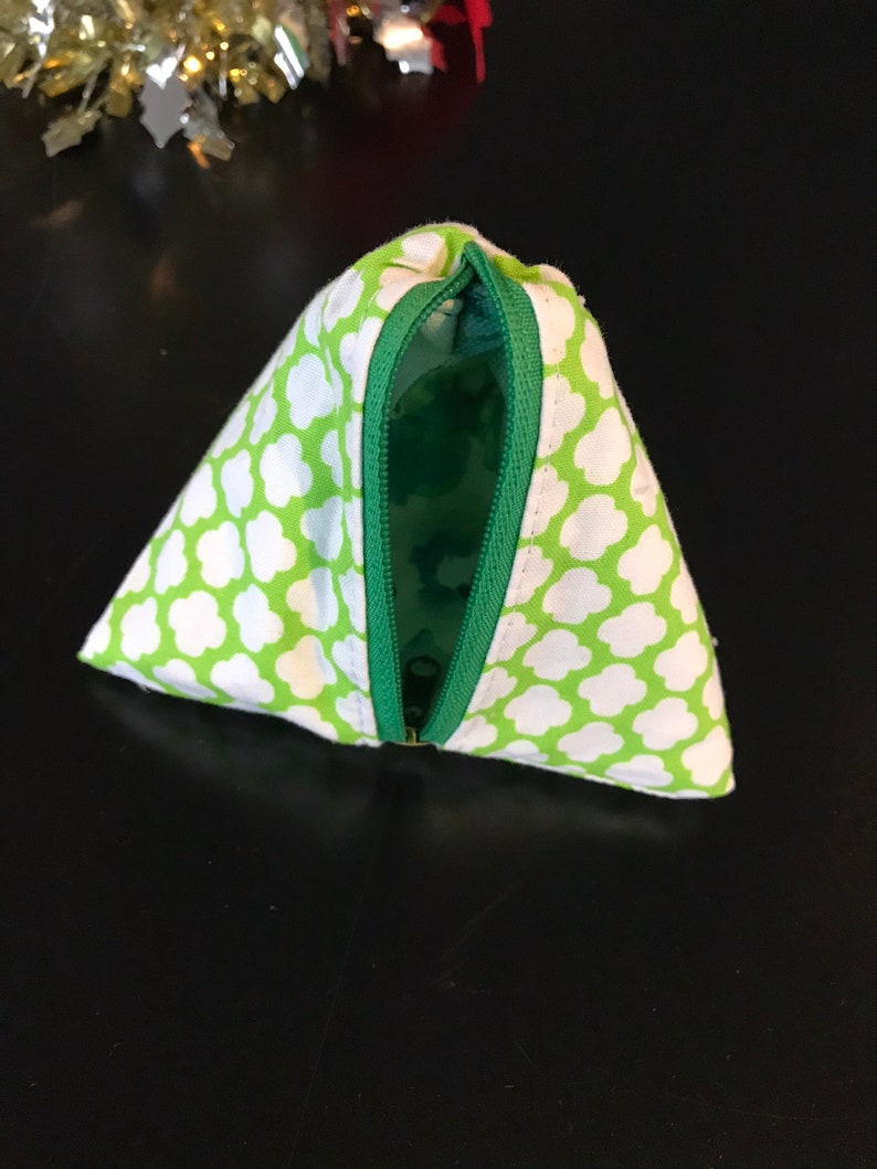 Triangle pyramid zipper pouch for coins earphones chargers etc; no raw edges exposed inside