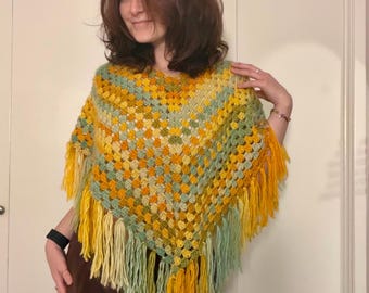 Crochet Poncho with Fringe | Granny Square Poncho | Golden Groove