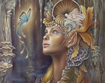 May include: A woman with pointed ears and a crown of mushrooms and pearls looks up at a blue butterfly. She is surrounded by a forest of mushrooms and vines.