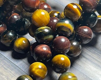 Multi-Colored Tiger Eye Bracelet, Red Blue Yellow Tiger Eye, Stretchy Beaded Bracelet 10mm, Tiger Eye Crystal