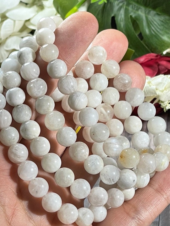 White Moonstone 8mm, Moonstone Bracelet, Moonstone w/ Blue & White Flash Bracelet, Moonstone