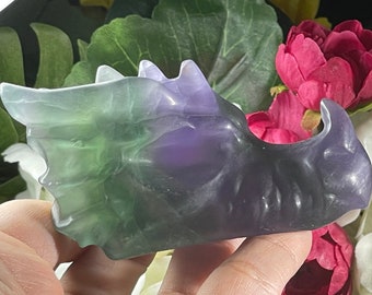 Fluorite Crystal Dragon Head, Fluorite Purple Green Dragon, Fluorite Gemstone, Crystal Dragon Carving, Crystal Carving, Rainbow Fluorite