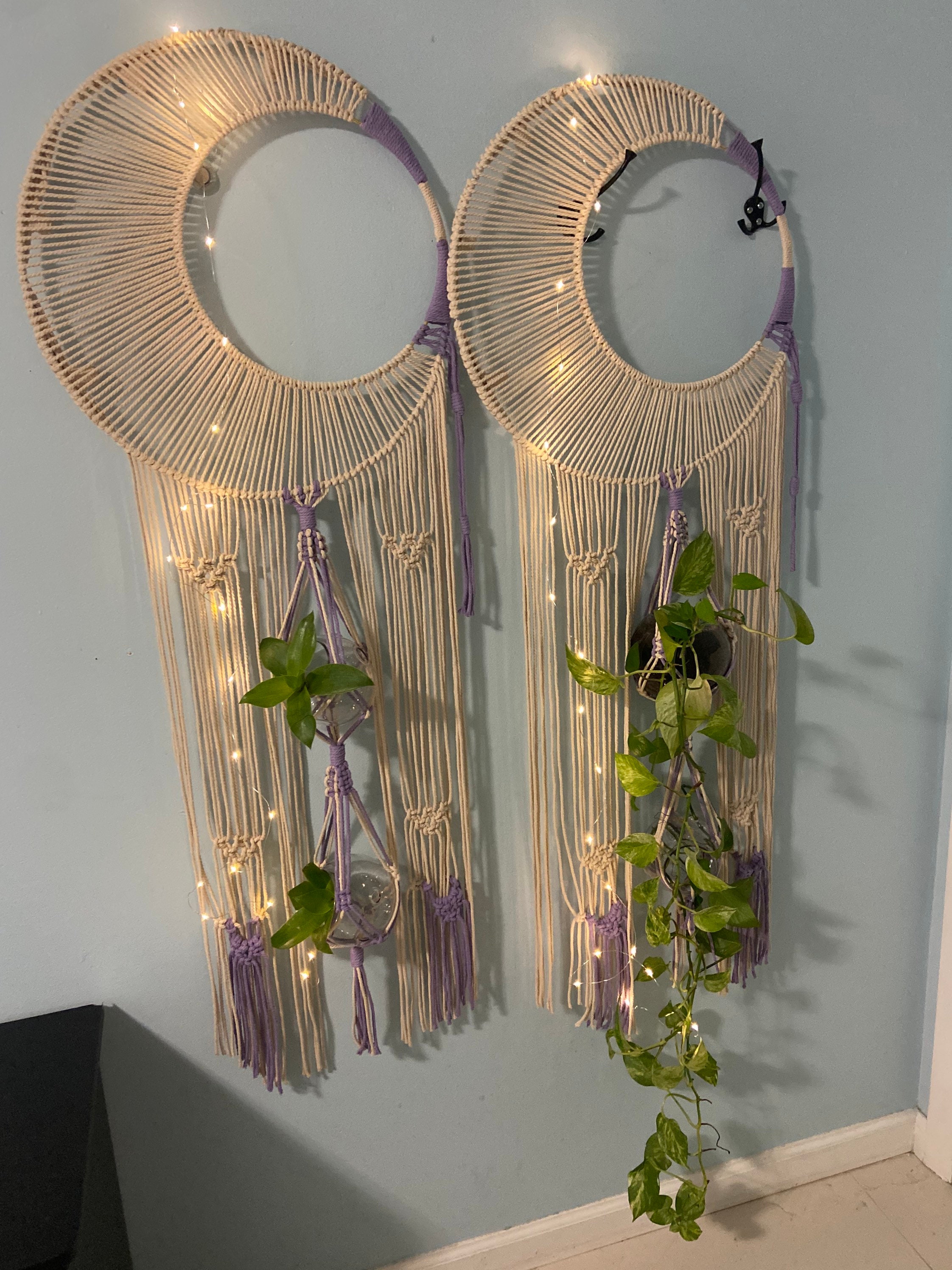 Macrame Moon Dream Catcher Double Plant Hanger Etsy