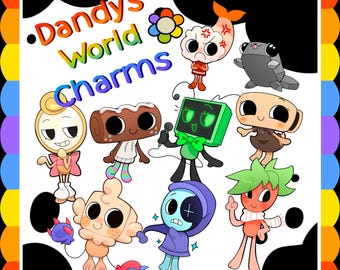 Peut inclure: Une collection de breloques de personnages de dessins animés avec le texte "Dandy's World Charms" aux couleurs de l'arc-en-ciel. Les breloques présentent divers motifs, dont un écran de télévision, un gâteau roulé et un personnage avec une fleur.