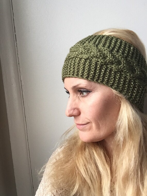 Hand Knitted Green Headband, Sparkle Ear Warmer - Etsy display picture 1