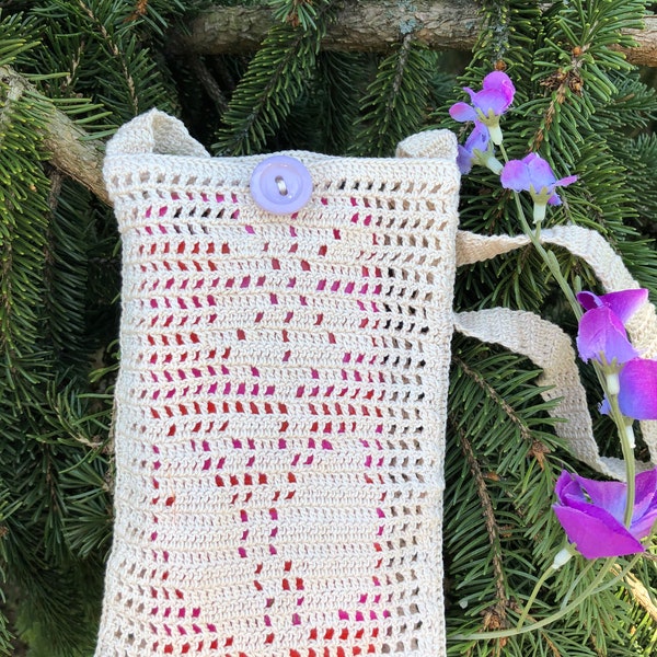 Crochet beige phone case with straps, crossbody mini bag, shoulder small purse.