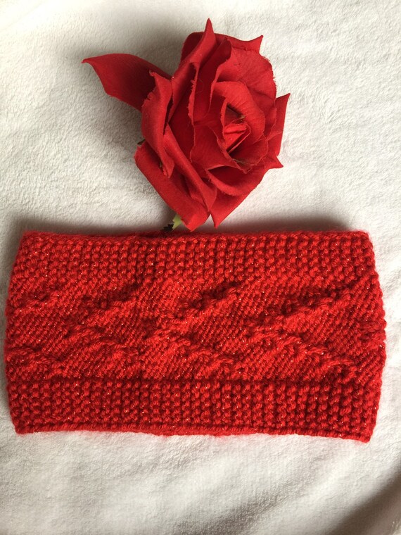 Hand Knitted Red Ear Warmer Headband With Sparkles - Etsy display picture 2