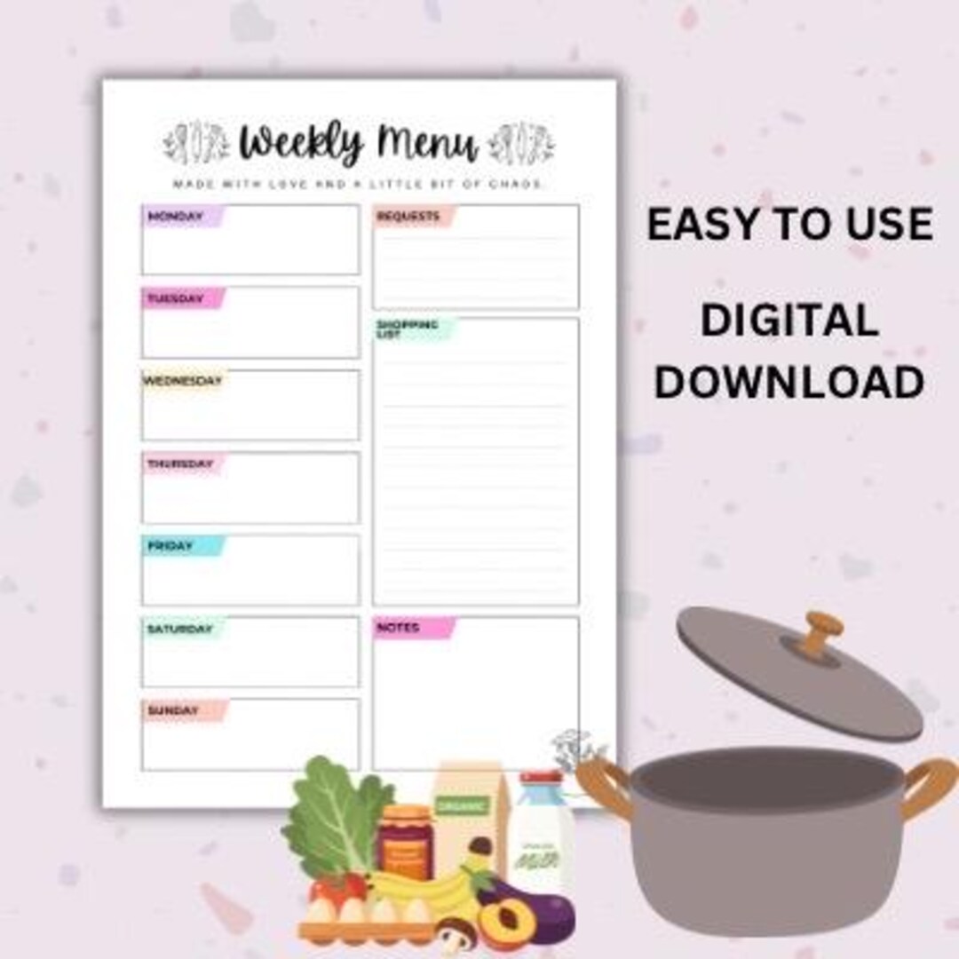 Weekly Menu Planner Printable | Minimalist Meal Planning (instant ...