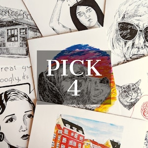 May include: A collage of different art pieces, including a black and white drawing of a dog, a watercolor painting of a cityscape, and a black and white drawing of a cat. The text "PICK 4" is written in large, bold letters on a pink and purple background.