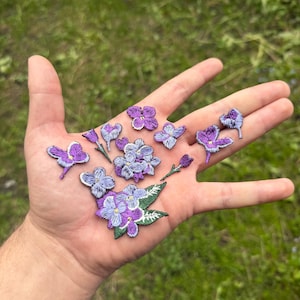 May include: Embroidered violet flower patches in various sizes and designs. The patches feature shades of purple, lavender, and white, with green leaves. The patches are displayed on a hand against a blurred green background.