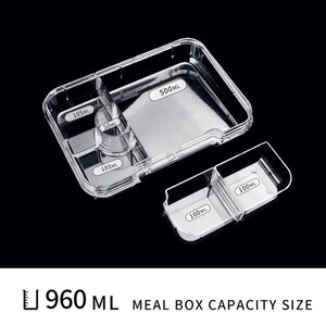 May include: A clear plastic meal prep container with four compartments. The container has a total capacity of 960 ml. The compartments are labeled with their individual capacities: 500 ml, 105 ml, 50 ml, and 105 ml. There is also a separate smaller clear plastic container with two compartments, each labeled 100 ml.