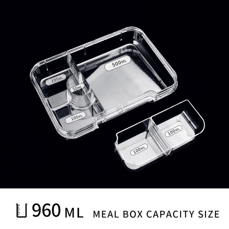 May include: A clear plastic meal prep container with four compartments. The container has a total capacity of 960 ml. The compartments are labeled with their individual capacities: 500 ml, 105 ml, 50 ml, and 105 ml. There is also a separate smaller clear plastic container with two compartments, each labeled 100 ml.