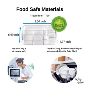 May include: A clear plastic food storage container with a removable tray. The tray is 8.66 inches wide and 6.69 inches long. The container is 1.77 inches tall. The tray is microwave safe and the container is top rack dishwasher safe. The container is BPA free.