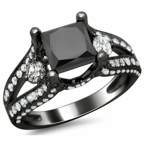 Black Rhodium Plated Moissanite Ring Black 1.50 CT Princess | Etsy