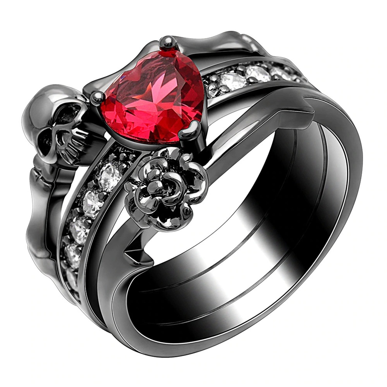 Gothic Skull Finger Engagement Rings Set For Women Red Heart Etsy