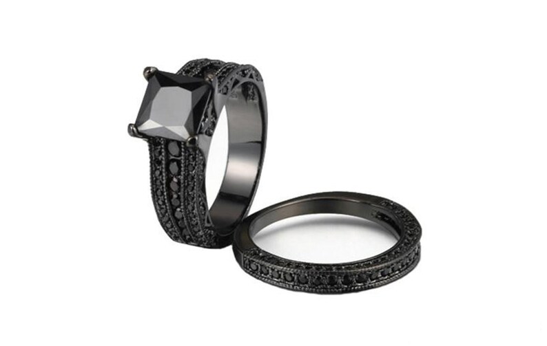 Marvelous Princess Cut 2.10 CT Black Moissanite Diamond 925 Sterling Silver Engagement and Wedding Ring With Black Rhodium Black Ring Set